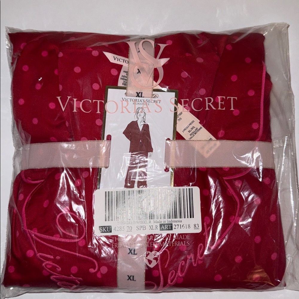 New Victoria's Secret Glazed Satin Pajama Set Red Pink Polka Dots Women’s Sz XL